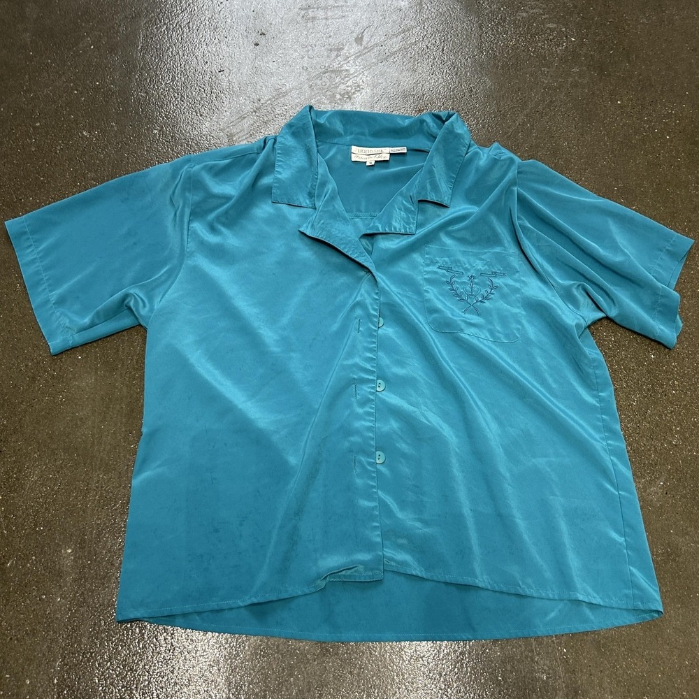 Peters & Ashley Shirt Womens 16 Blue Liquid Silk Embroidered Button Front Top